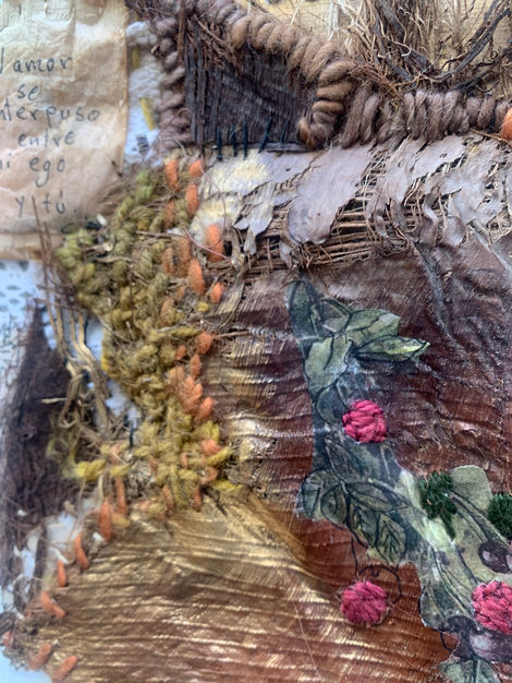 Work created with palm bark treated with tea bags, paper, sewing, embroidery, acrylic paint.