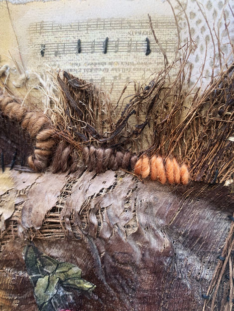 Work created with palm bark treated with tea bags, paper, sewing, embroidery, acrylic paint.