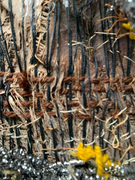 Palm bark treated with steel wool, thread, acrylic paint, textile techniques such as embroidery and lace-making.
Year: 2024