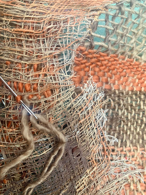 Palm tree treated with textile techniques such as loom-woven tapestry, embroidery, darning, sewing, and acrylic painting.