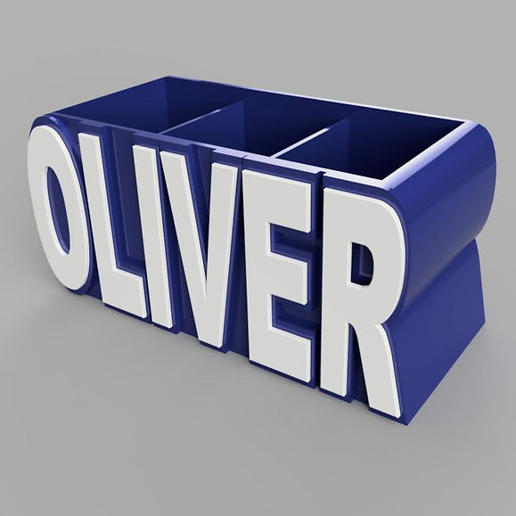 OLIVER - MULTI USE DECORATIVE NAME THEMED DESK ORGANISER - TEAM COLOURS - BLUE & WHITE!!
Blue shapely box taking the form of the curvy lettering of the "O" and "R" at each side, large white lettering to the front, spelling the name Oliver, with a matching blue shadow accenting the lettering, Ideal gift for a football, rugby, sports fan. This would brighten up any room made from vivid colours with large striking lettering, Use cases, Money box, Personalised room decor, Desk organiser. Desk Organiser shown holing pens, a calculator and notebook.