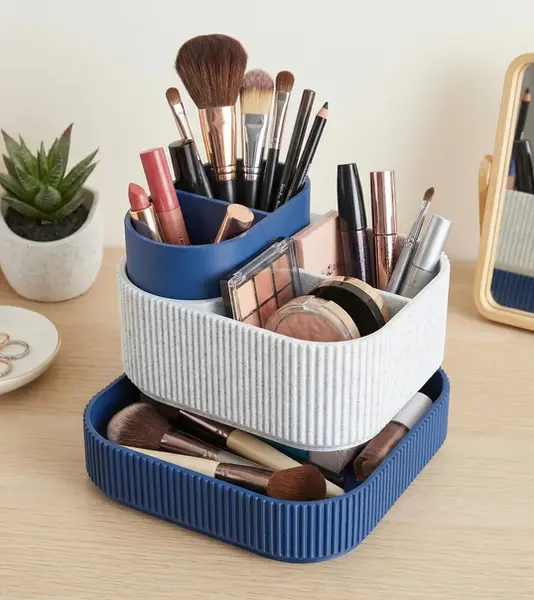 Three section Makeup Organiser in Blue & Grey Stone effect