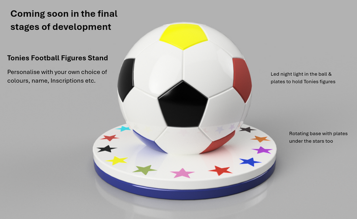 Soon to be released, Multi Coloured Tonies Toni Football Figures Stand, Emblazened with different coloured stars and spots to the base and football, Its fitted with an LED night light and has a revolving base so figures can be accessed from the magnetic areas all around and on the ball its self. Great gift for young footballers from the age of Two years old.