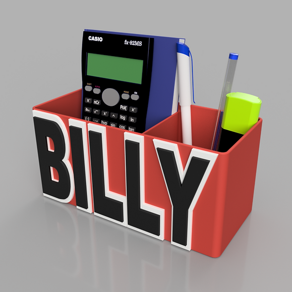 BILLY - MULTI USE DECORATIVE NAME THEMED DESK ORGANISER - THREE TEAM COLOURS - MANCHESTER UNITED may be!!
Red box with, large black lettering to the front, spelling the name Billy, with a white shadow accenting the lettering, Ideal gift for a football, rugby, sports fan. This would brighten up any room made from vivid colours with large striking lettering, Use cases, Money box, Personalised room decor, Desk organiser. Desk Organiser shown holing pens, a calculator and notebook.