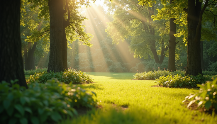 Eye-level view of a peaceful garden with soft sunlight filtering through trees