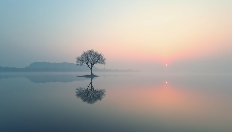 Eye-level view of a calm lake reflecting a solitary tree at dawn