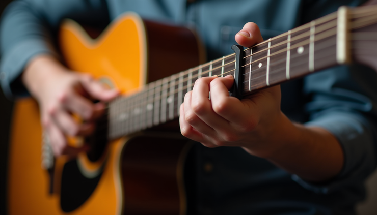 Eye-level view of a person practicing guitar chords on an acoustic guitar