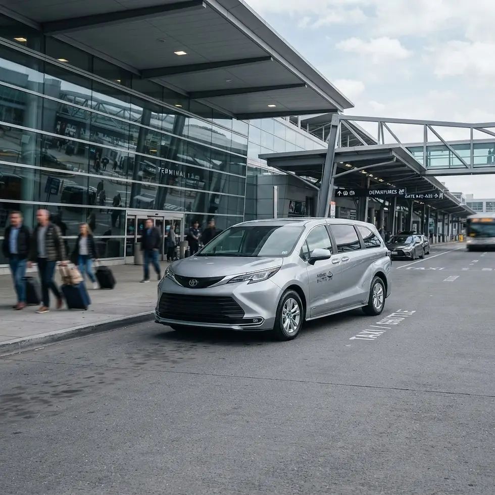 Silver minivan for private airport taxi service at terminal