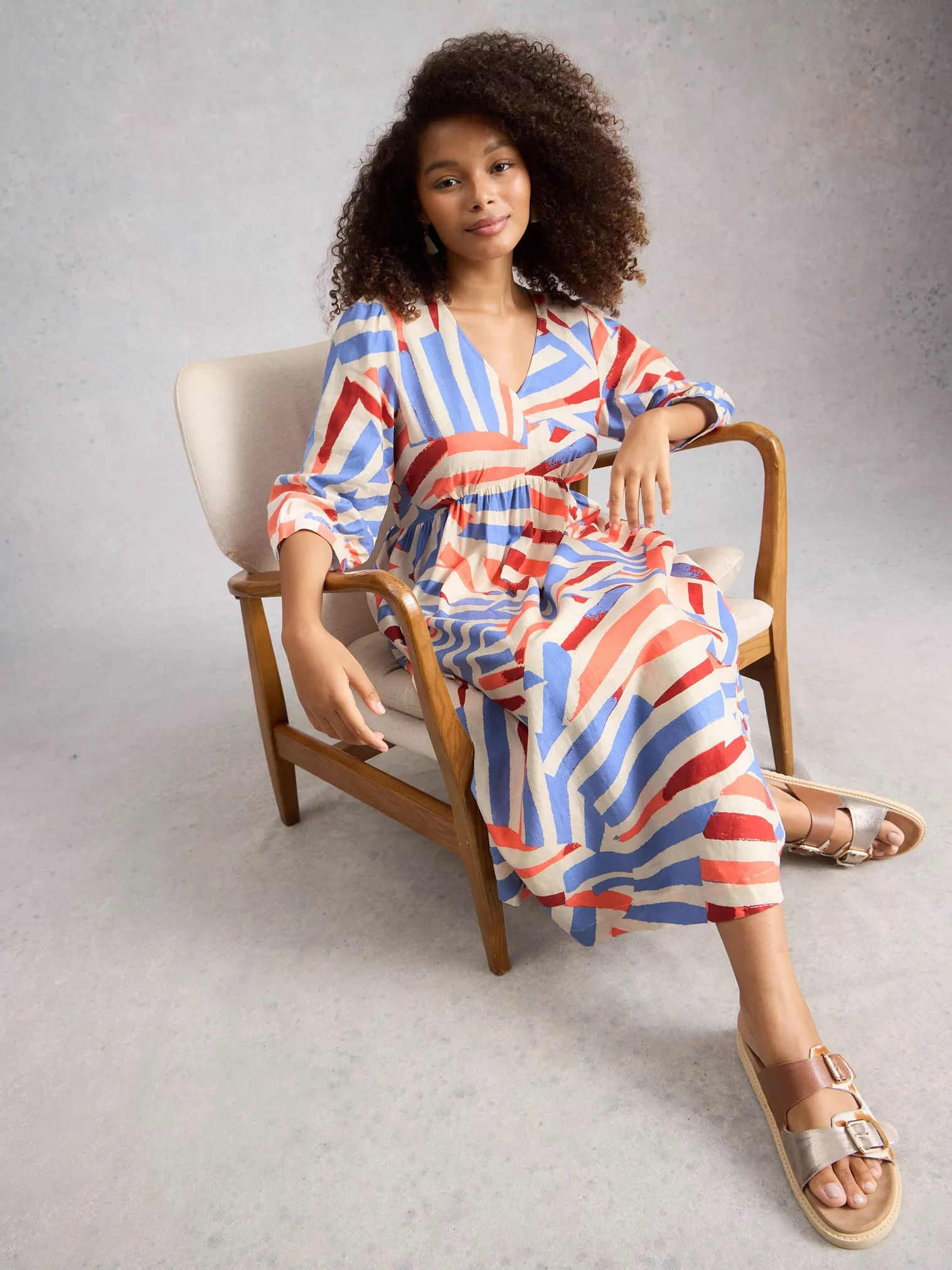 Robe midi Lucy en lin mélangé en IVOIRE MULTI