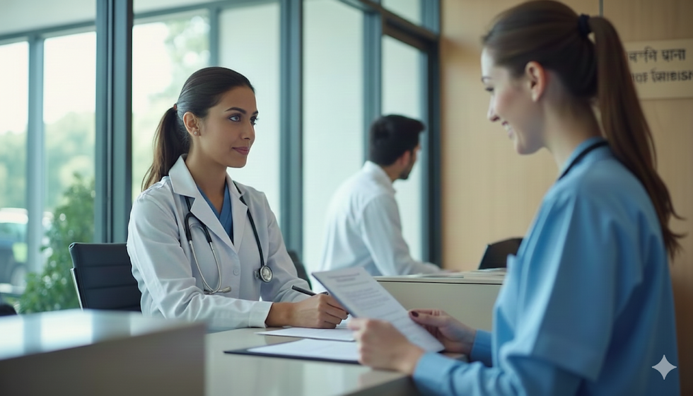 Hospital reception with staff helping patient for admission