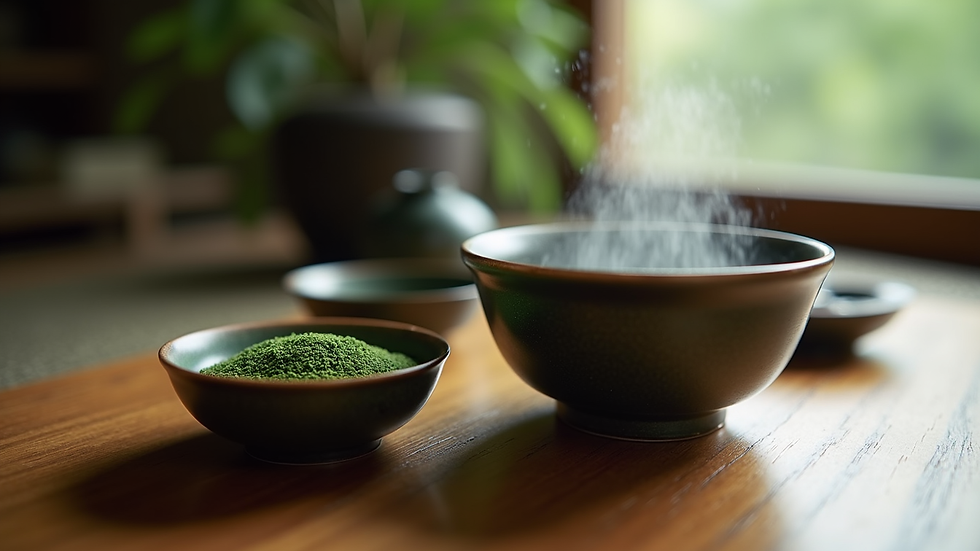 Eye-level view of a traditional Japanese tea set with matcha and tea utensils