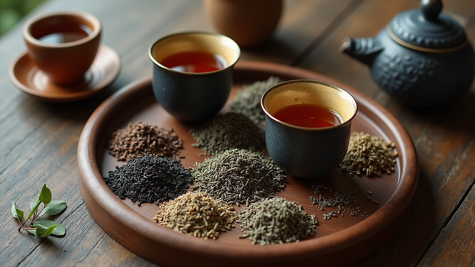 High angle view of a tea tray with various Suki tea blends and brewing accessories