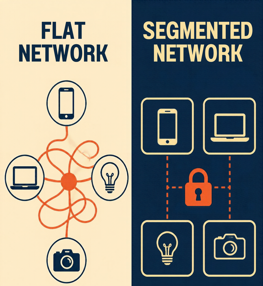 Side-by-side comparison of a flat home network with every device on one hub and a segmented network with devices grouped into separate zones