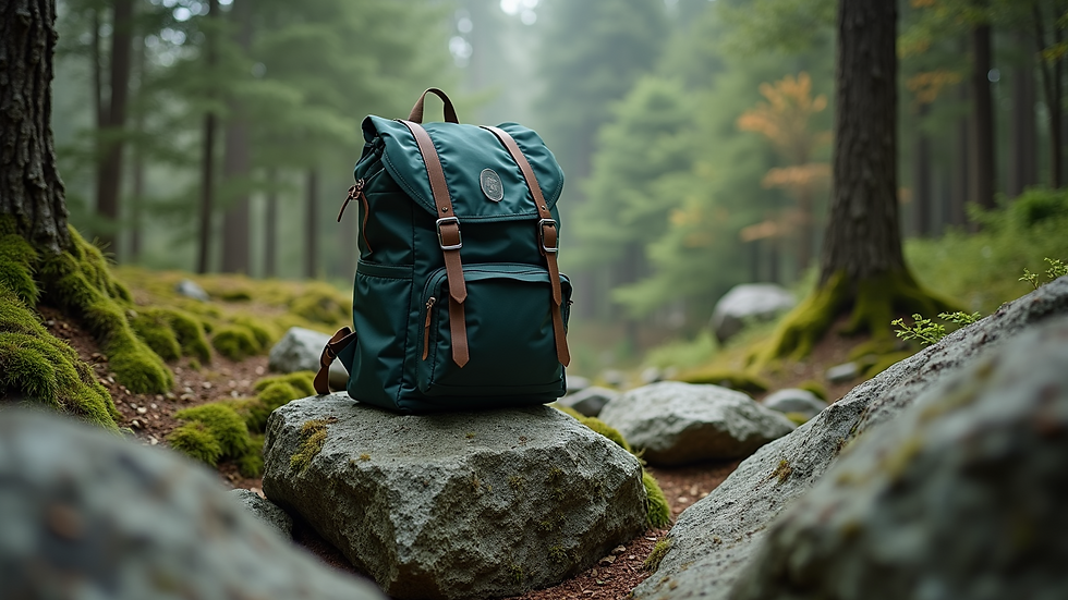 Eye-level view of a sustainable hiking backpack resting on a mossy rock