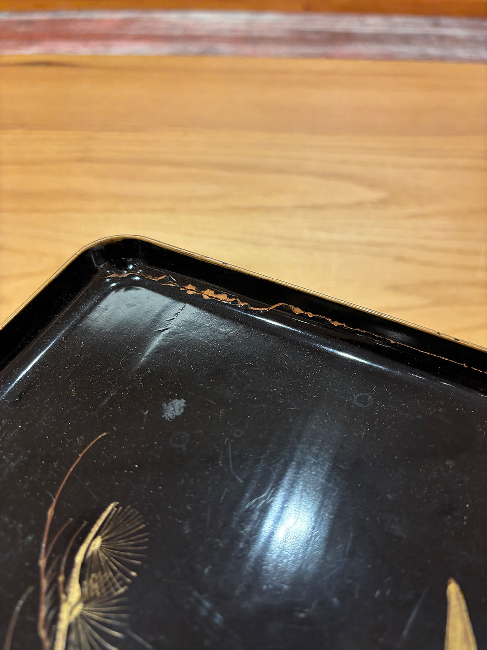 Thumbnail: Vintage Japanese Black Lacquer Square Tray with Gold Crane & Pine Maki-e