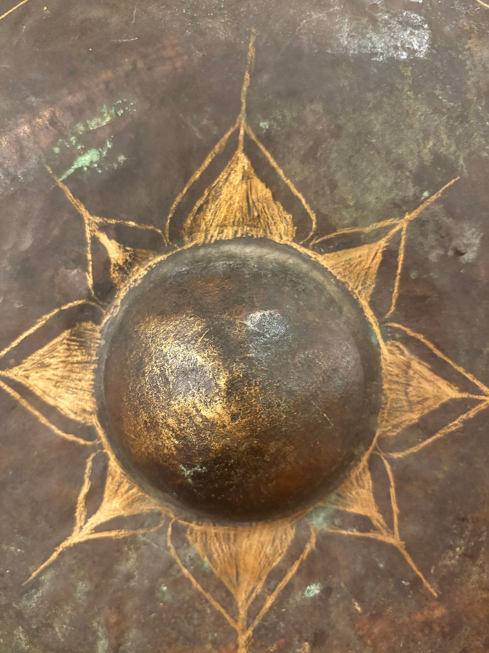 Thumbnail: Vintage Etched Bronze Gong with Carved Wood Yoke & Mallet