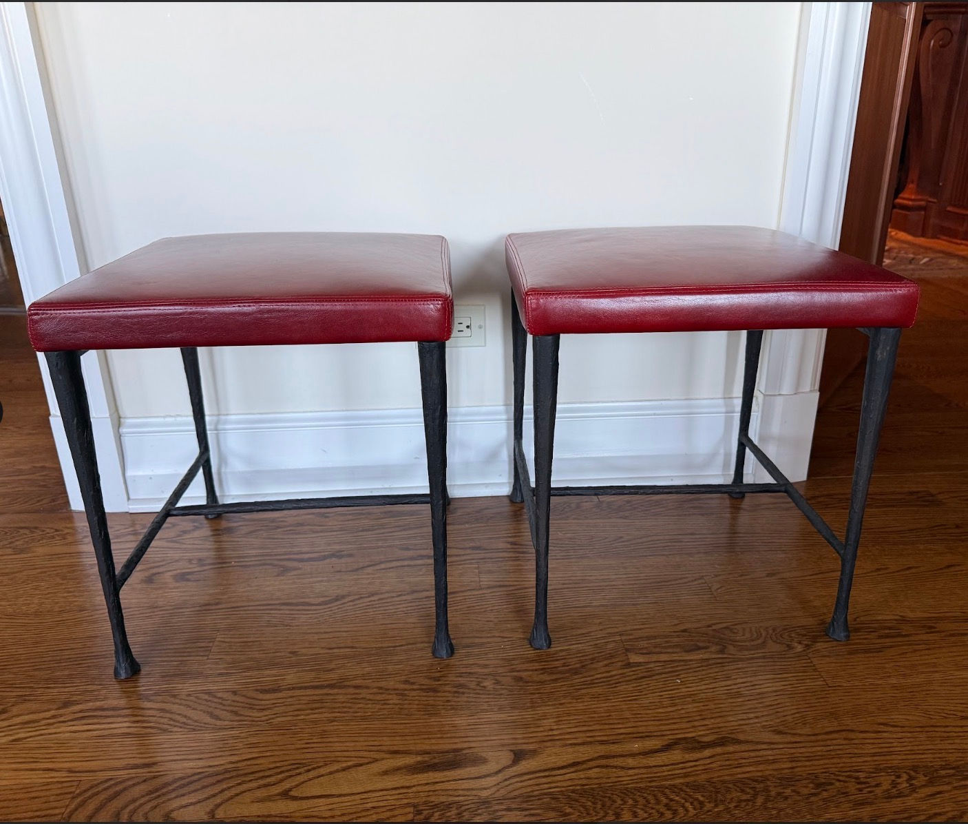Pair of Brutalist Style Hammered Iron Stools Leather Seats