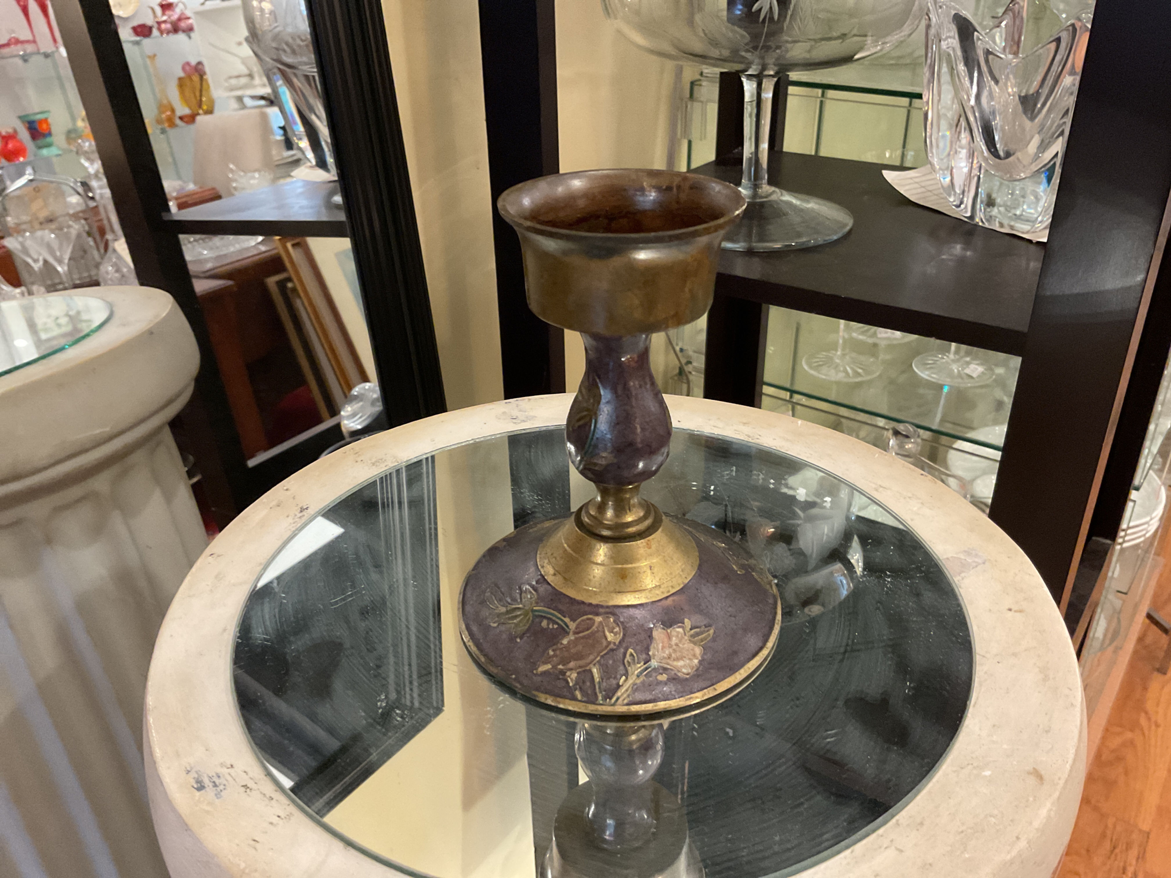 Vintage Hand-Painted Bronze & Purple Metal Candlestick