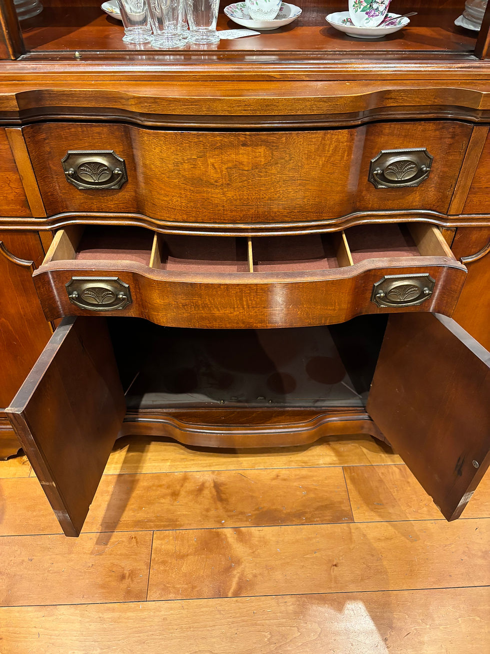 Thumbnail: Vintage Serpentine Cherry Finish China Cabinet with Wheat Motif Hardware