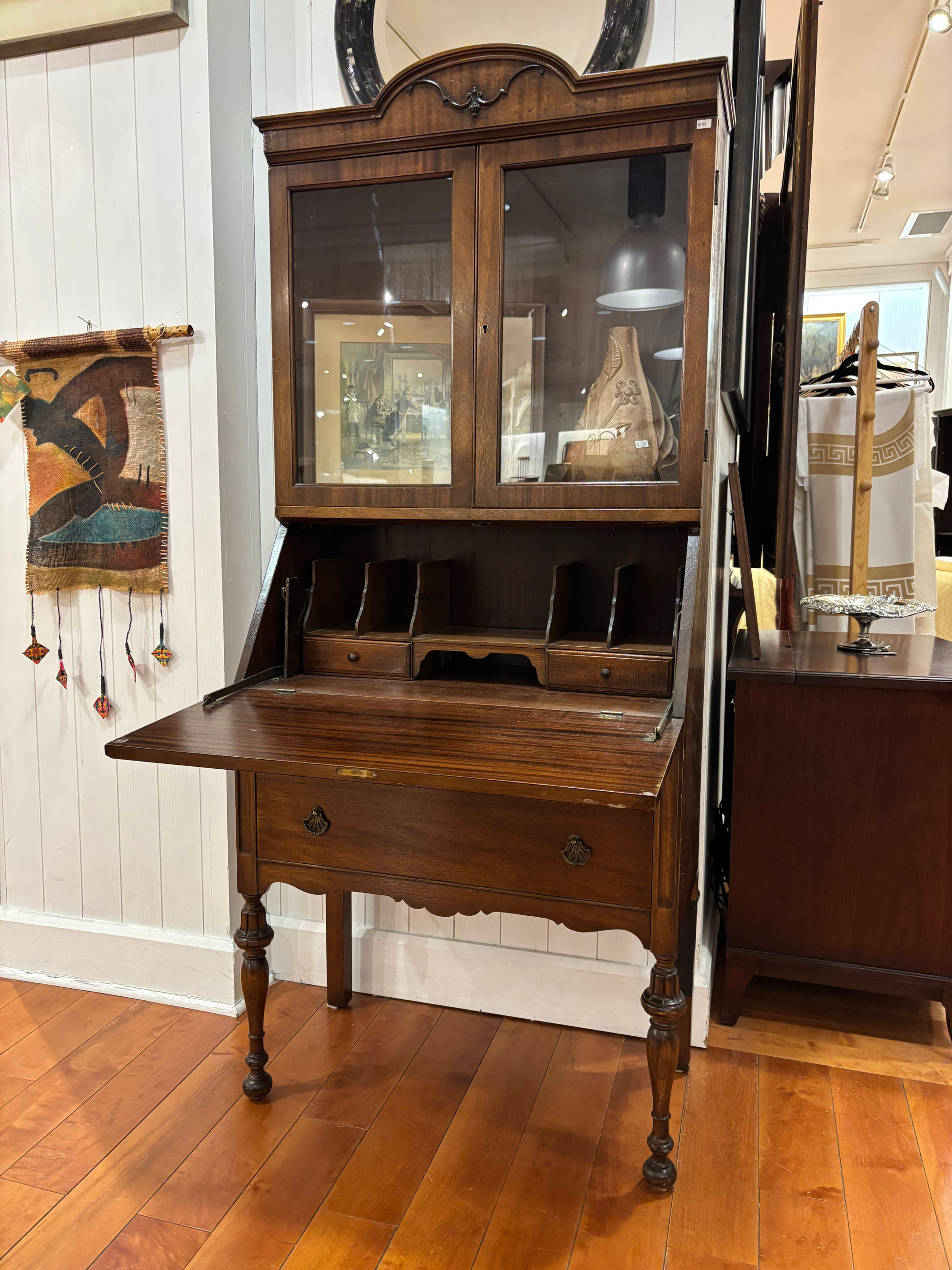 Vintage Mahogany Secretary Desk with Glass Display Hutch