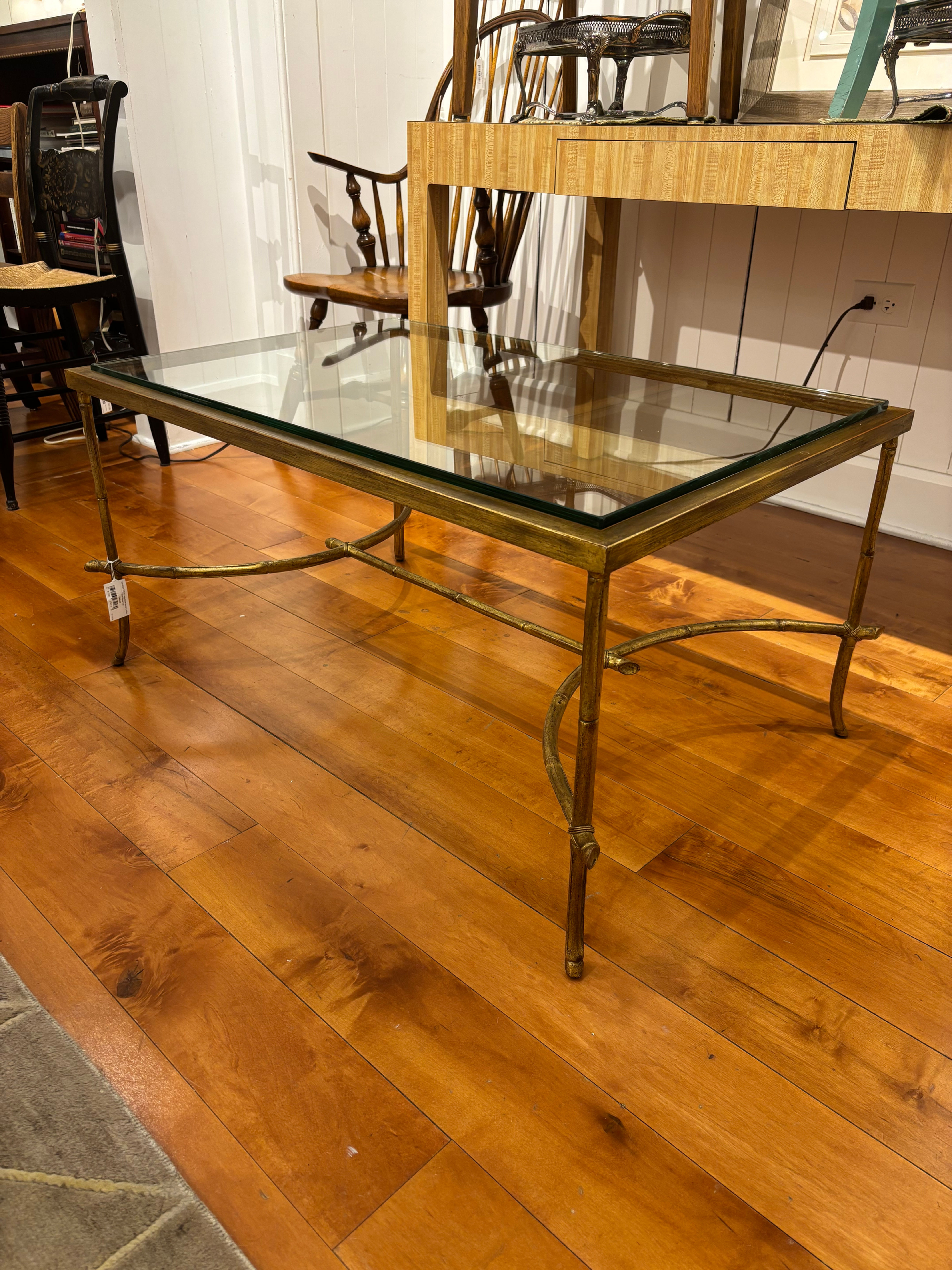 Gold Gilt Effect Faux Cane Metal Coffee Table Glass Top