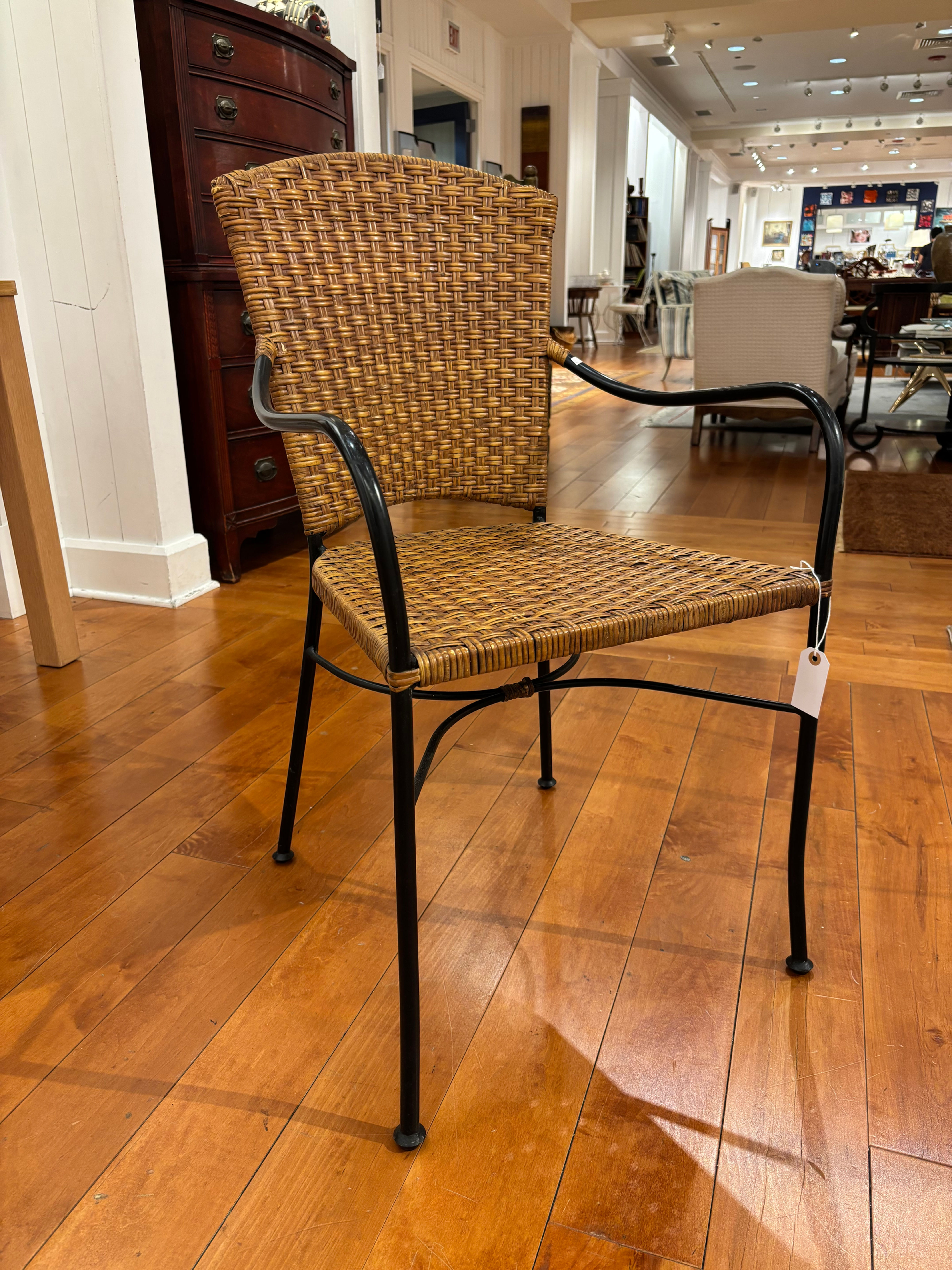 Contemporary Wicker and Black Metal Bistro Armchairs - Set of 4