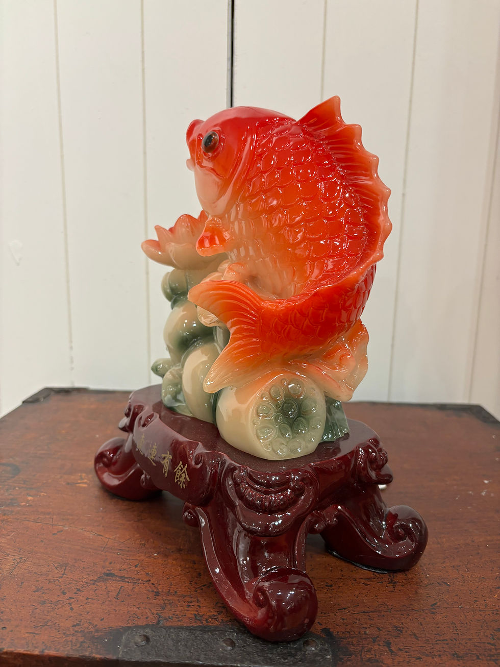 Thumbnail: Vibrant Resin Koi Fish Sculpture on Carved Faux-Rosewood Base