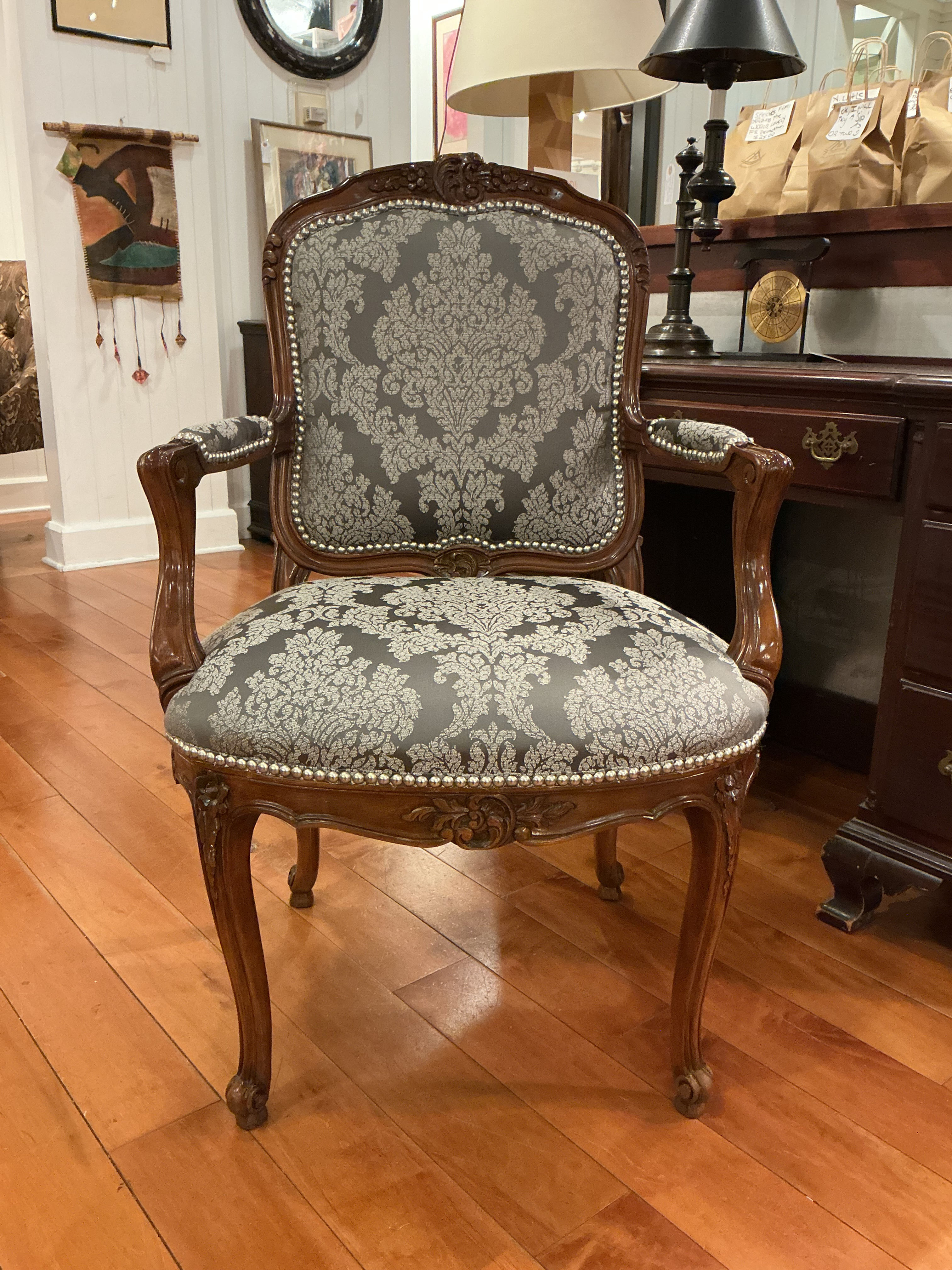 Louis XV Style Carved Walnut Fauteuil with Grey Damask