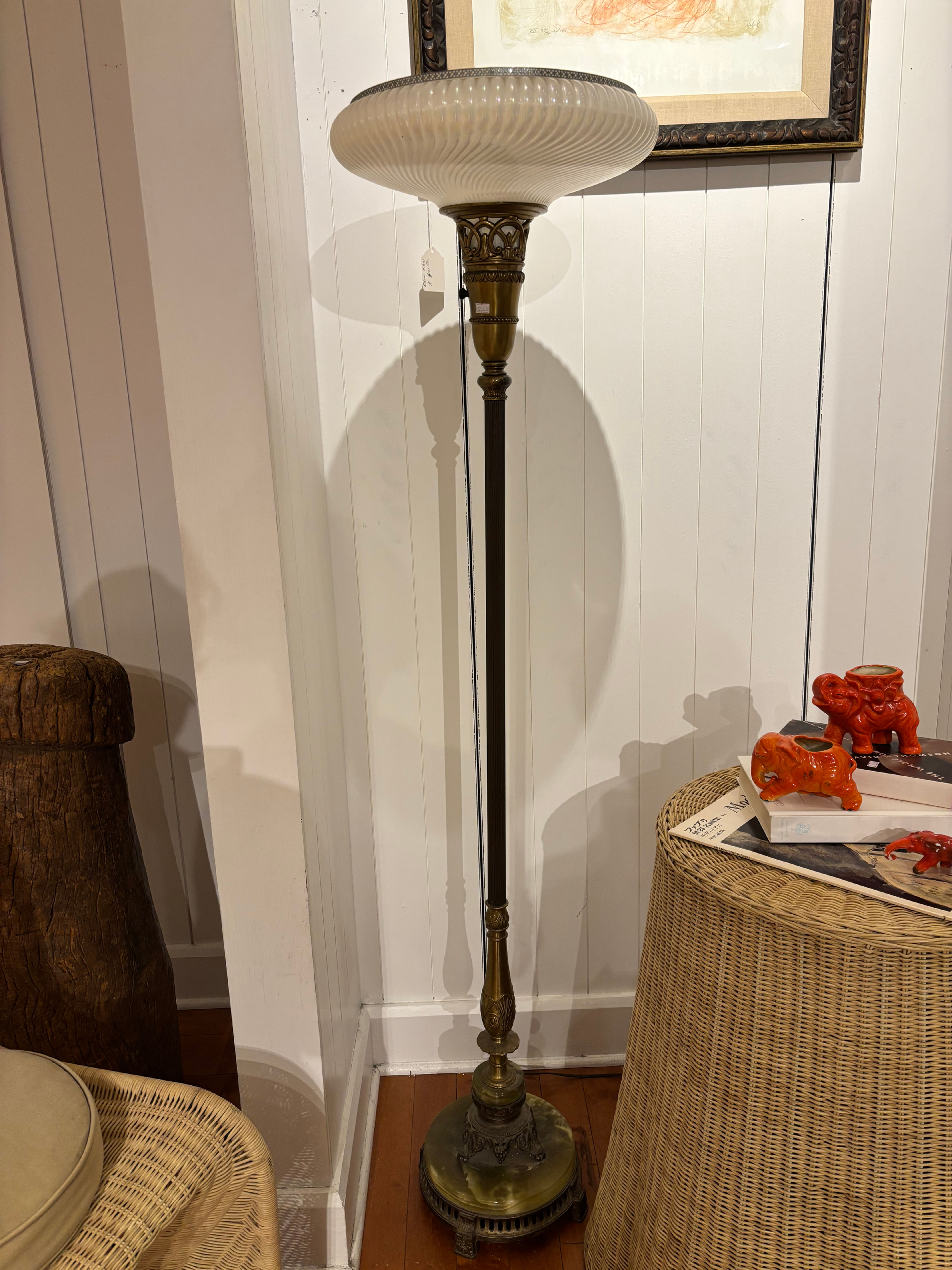 Vintage Art Deco Brass Torchiere Floor Lamp with Green Onyx Base