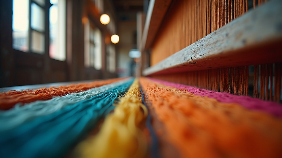 Eye-level view of a loom with colorful threads in a Thai weaving workshop