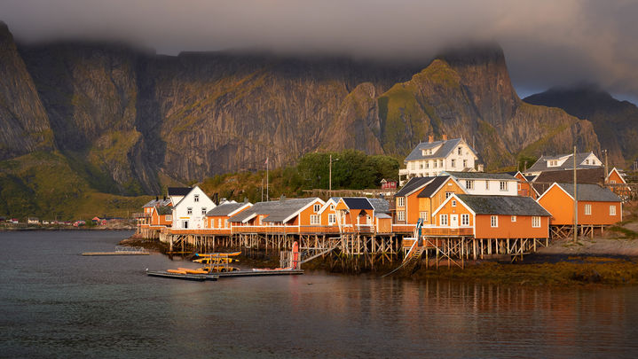 Morning sun on the sea cabins at Sakrisøy