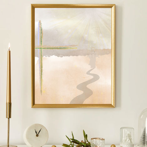 Beige color framed wall art print cross to the left with a path that leads to Jesus