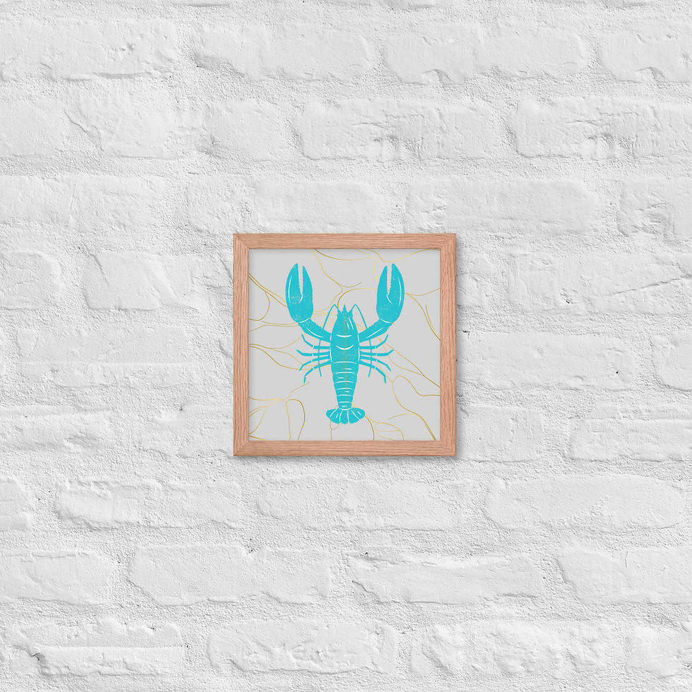 Thumbnail: Framed Golden Reef Turquoise Lobster Coastal Wall Art poster on white brick wall background