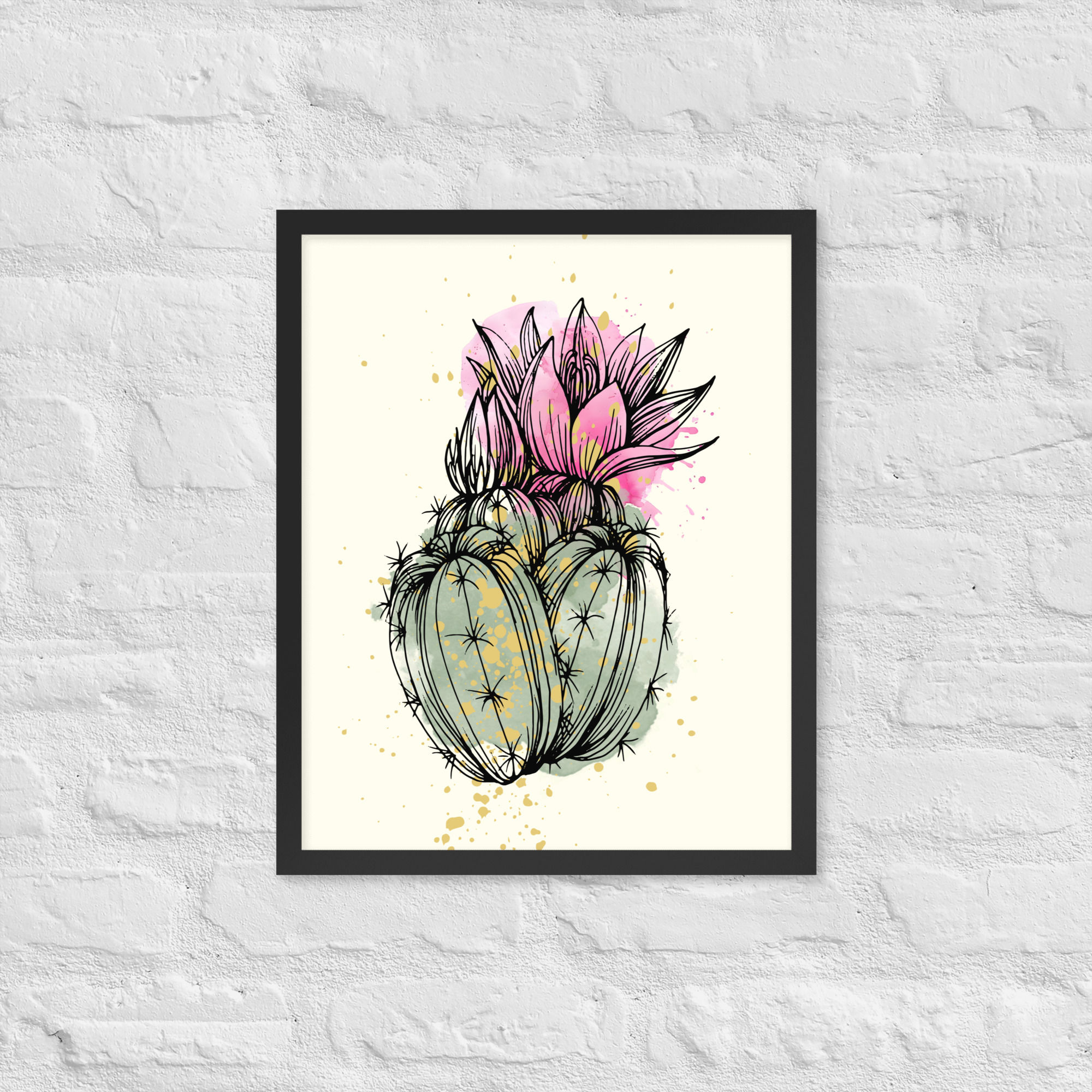 Golden Pink Bloom Cactus Floral Art Print