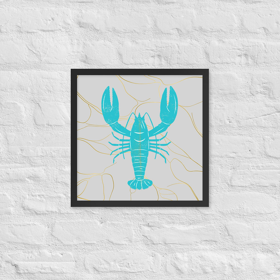 Thumbnail: Turquoise lobster art print. Framed Golden Reef Turquoise Lobster Coastal Wall Art poster.