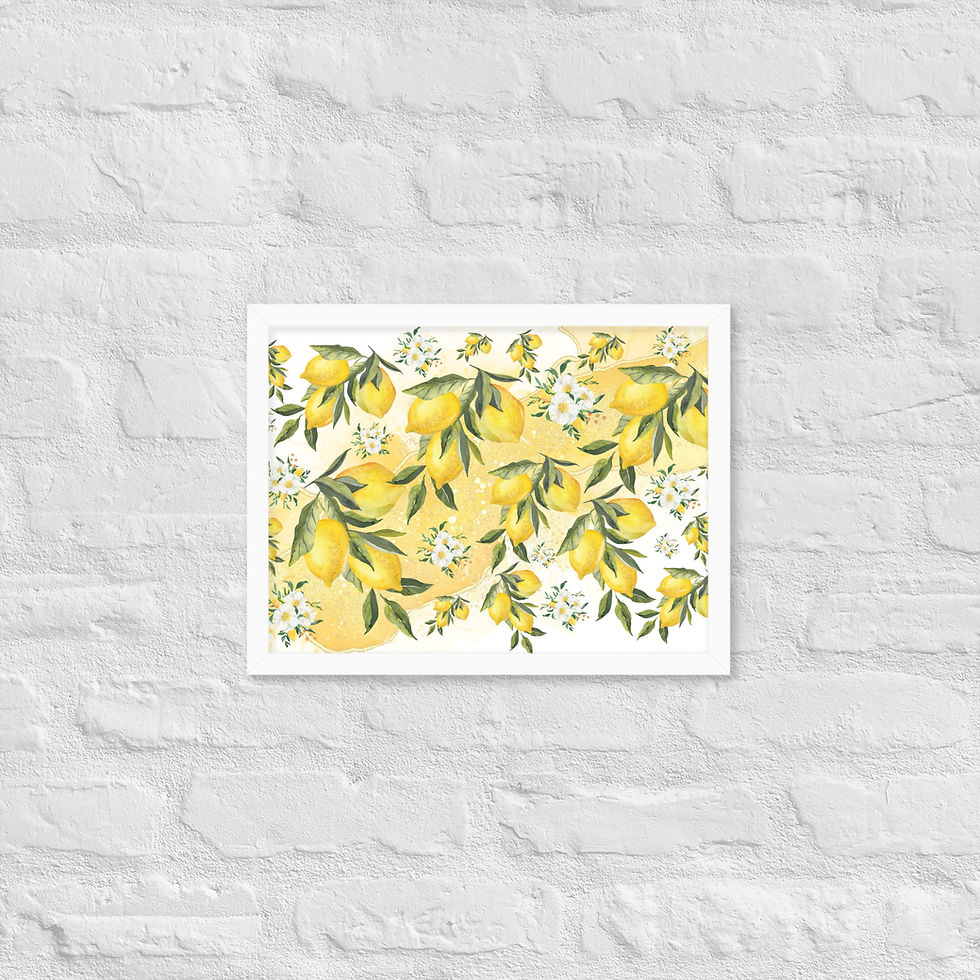 Thumbnail: Lemon branches watercolor design, Framed Lemon Bloom Botanical Citrus Wall Art poster, yellow accents.