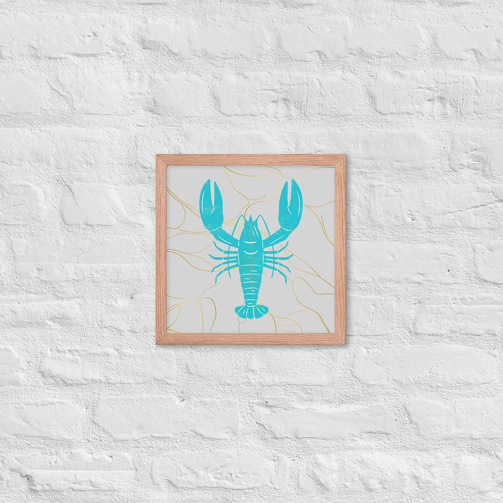 Thumbnail: Framed Golden Reef Turquoise Lobster Coastal Wall Art poster on white brick wall background