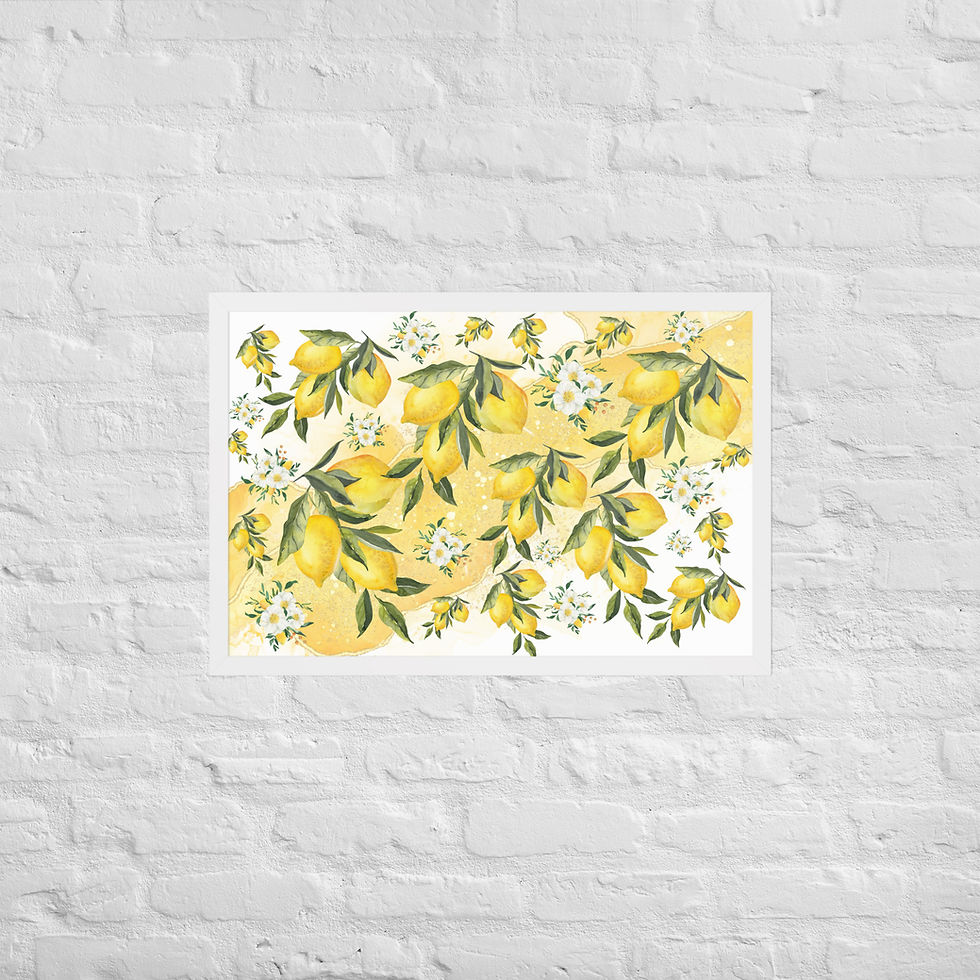 Thumbnail: Lemon branches watercolor design, Framed Lemon Bloom Botanical Citrus Wall Art poster, yellow accents.