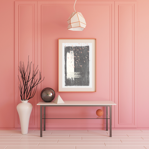 Pink wall abstract Art print framed with gray background with white paint brush and pink paint splash