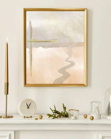 Beige themed colored print with a cross and a path that leads to Jesus