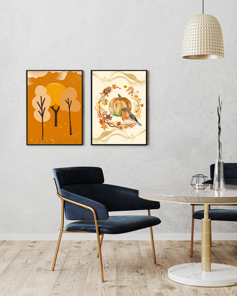 Fall inspired two pics trees in orange color and the other birds with orange color 