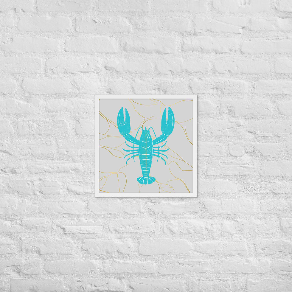 Thumbnail: Framed Golden Reef Turquoise Lobster Coastal Wall Art poster on white brick wall background