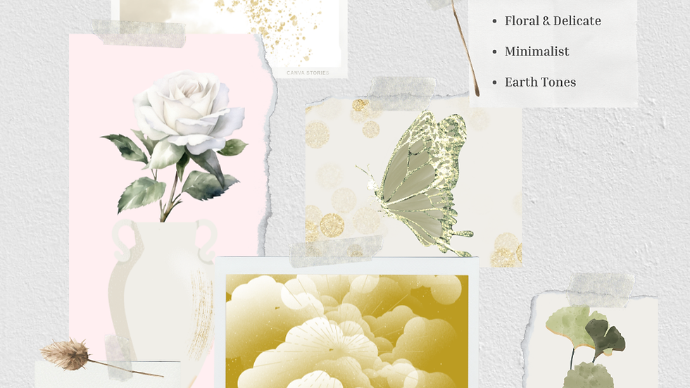 Collage on textured background with floral art, butterfly, and cloud motifs. Text: "STYLE: Color: Cloud Dancer, Floral & Delicate, Minimalist, Earth Tones."