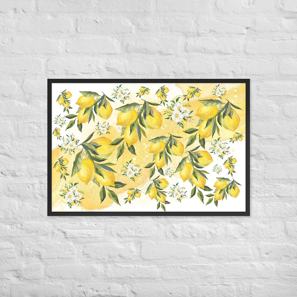 Thumbnail: Lemon branches watercolor design, Framed Lemon Bloom Botanical Citrus Wall Art poster, yellow accents.