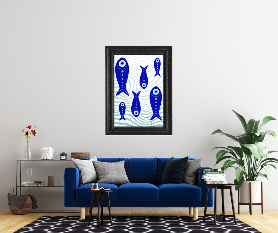 blue fish up and down across the print with a light blue wave