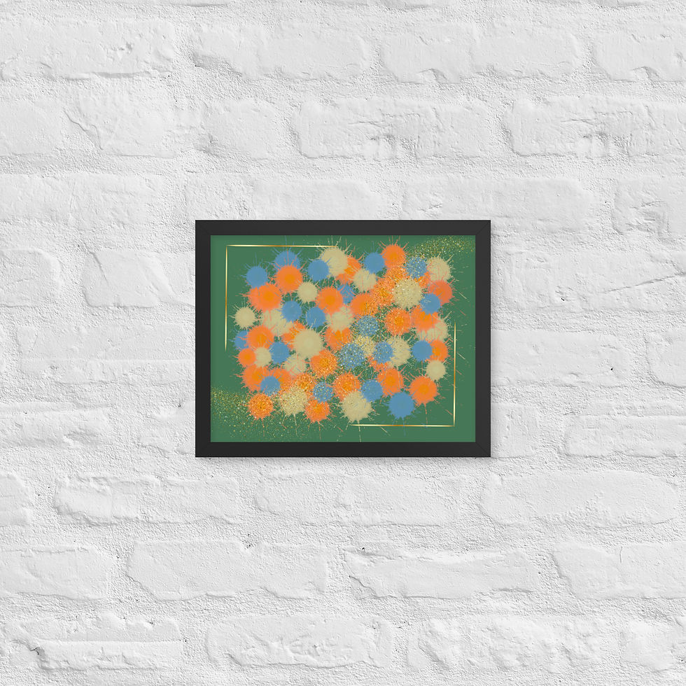 Thumbnail: Abstract art with blue, orange, and yellow circles on green background. Framed wall art.
