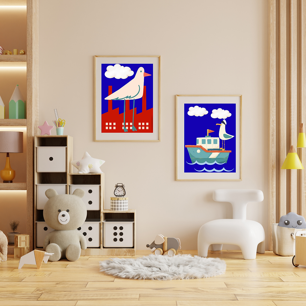 Children's room, two framed modern nature-animal inspired seagull artworks,