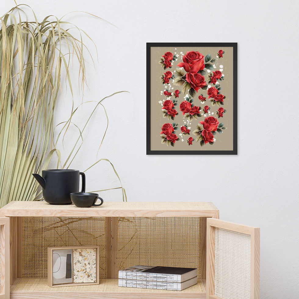 Thumbnail: Framed Whispers of Roses Wall Art poster, red roses on beige background, art decor.