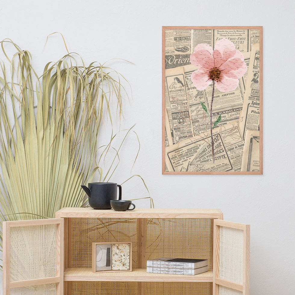 Thumbnail: Framed Floral and Botanical Modern Vintage Newspaper and Pink Flower Wall Art poster