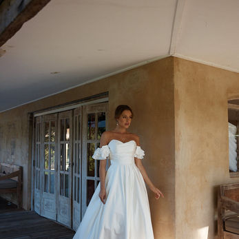 off the shoulder, detachable sleeves, wedding dress